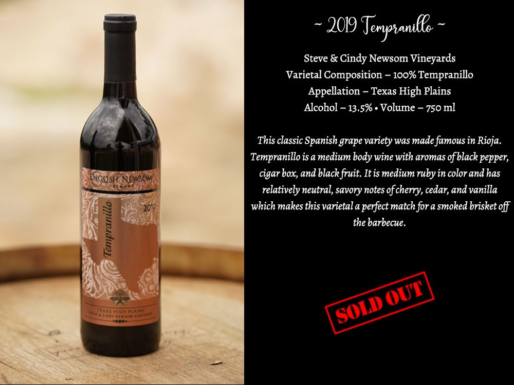2019 Tempranillo bottle and info SOLD OUT