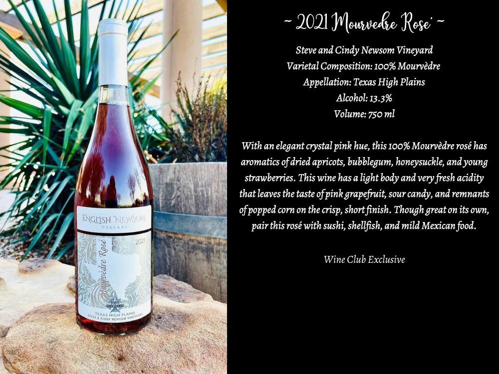 2021 Mourvedre Rose' wine bottle and info