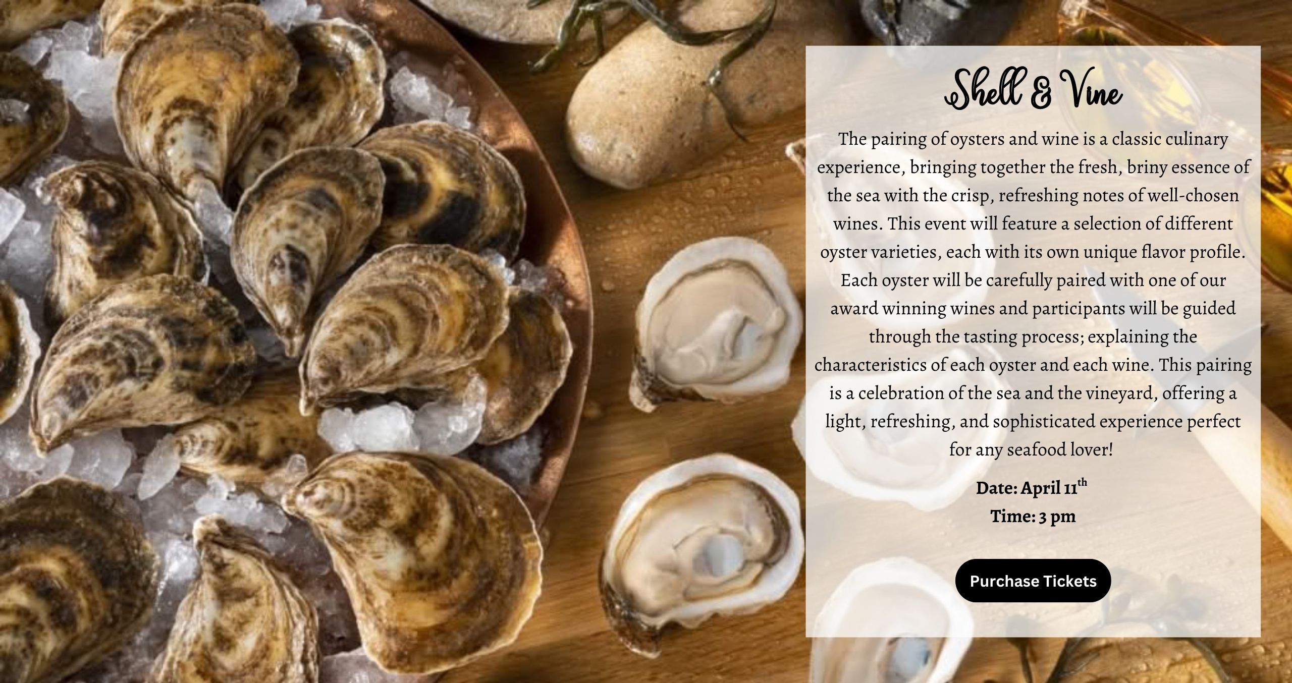 Shell & Vine Saturday April 11th @ 3pm The pairing of oysters and wine is a classic culinary experience, bringing together the fresh, briny essence of the sea with the crisp, refreshing notes of well-chosen wines. This event will feature a selection of different oyster varieties, each with its own unique flavor profile. Each oyster will be carefully paired with one of our award winning wines and participants will be guided through the tasting process; explaining the characteristics of each oyster and each wine. This pairing is a celebration of the sea and the vineyard, offering a light, refreshing, and sophisticated experience perfect for any seafood lover!
