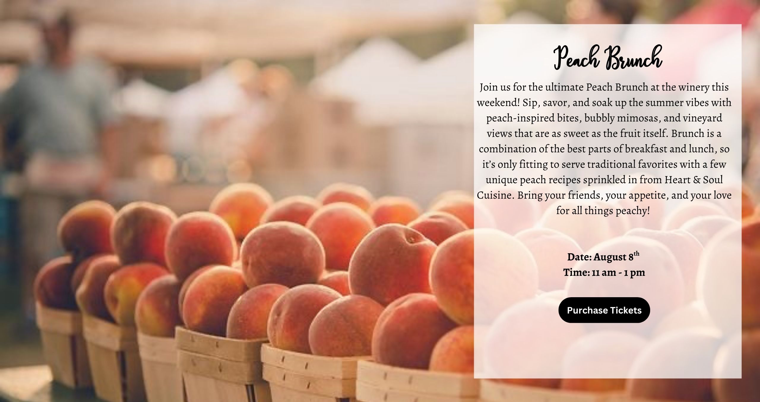 Saturday August 8th 11-1pm Peach Brunch Join us for the ultimate Peach Brunch at the winery this weekend! Sip, savor, and soak up the summer vibes with peach-inspired bites, bubbly mimosas, and vineyard views that are as sweet as the fruit itself. Brunch is a combination of the best parts of breakfast and lunch so, it’s only fitting to serve traditional favorites with a few unique peach recipes sprinkled in from Heart & Soul Cuisine. Bring your friends, your appetite, and your love for all things peachy!