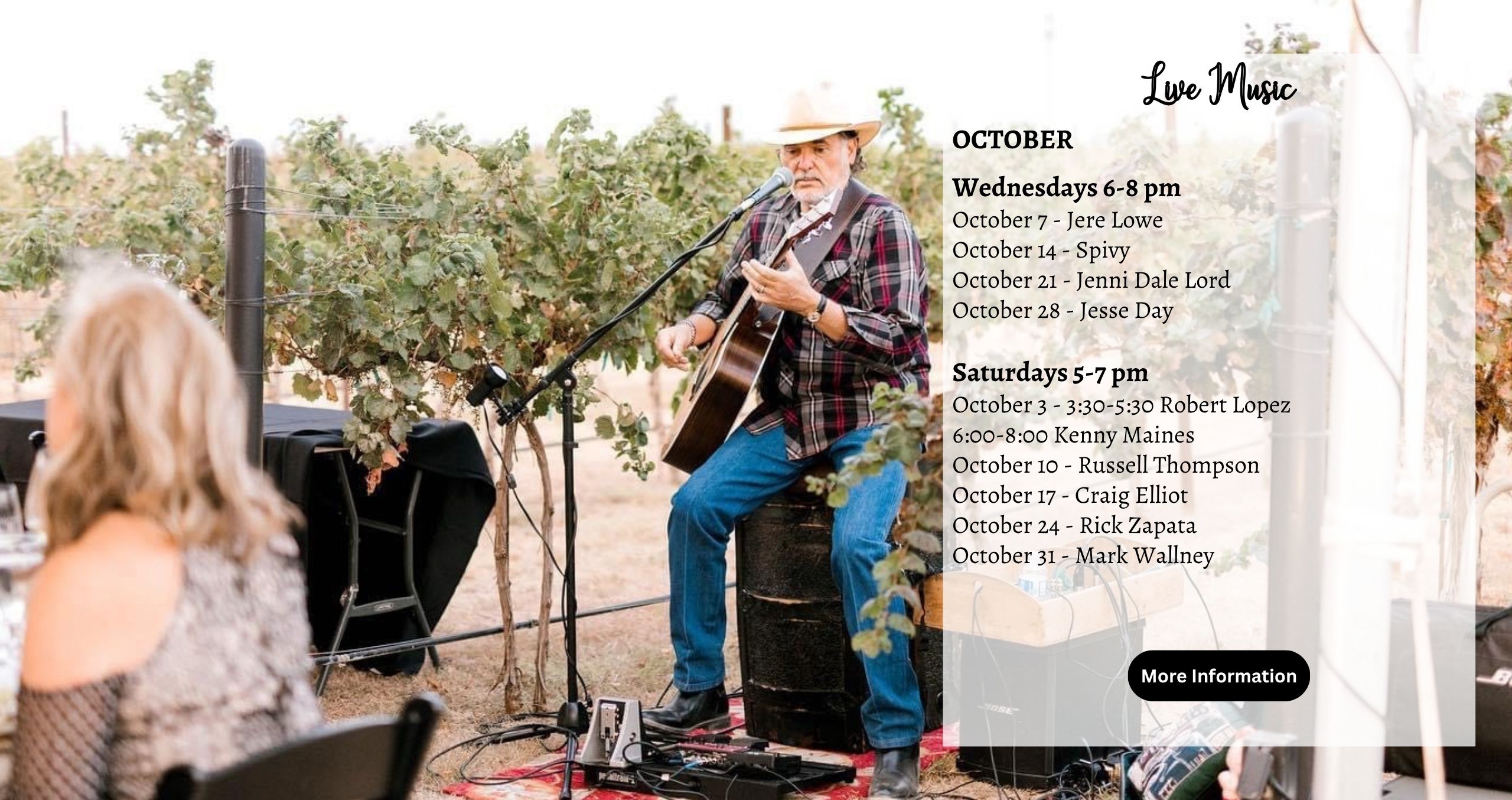 October Musicians Wednesday 6-8 PM 10/7 Jere Lowe 10/14 Spivy 10/21 Jenni Dale Lord 10/28 Jesse Day
